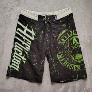 Affliction Men's Board Shorts 32 Black Green Polyester Elastane